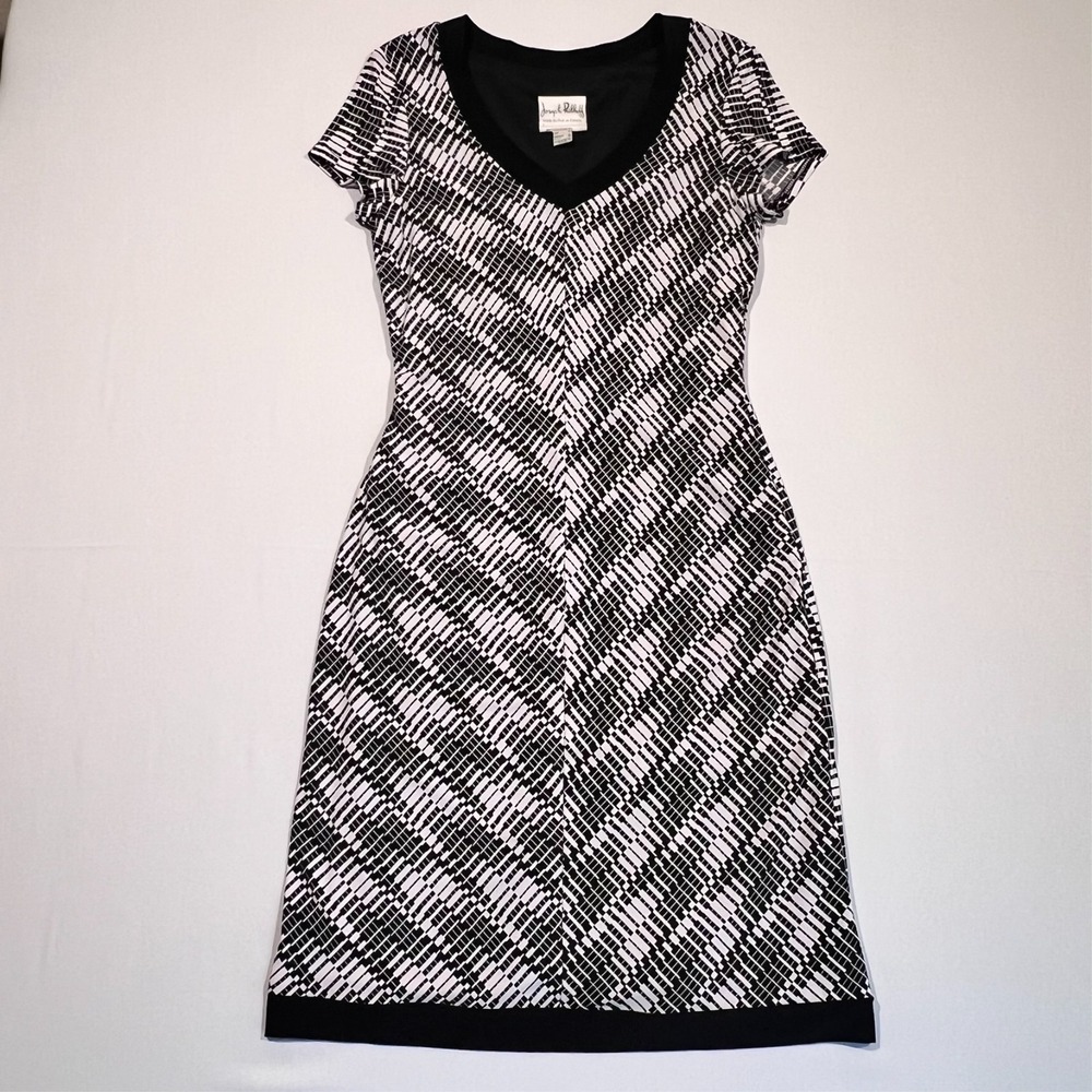 Vintage‎ Joseph Ribkoff Midi Dress Geometric Black White Lined Women's 8